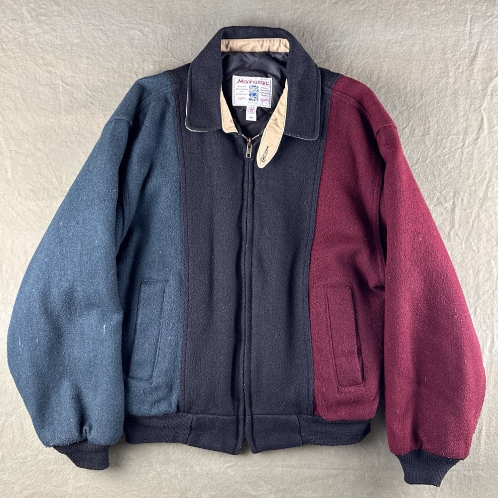 Vintage 90s Manhattan Color Block Wool Jacket Made USA Zip Up Medium
